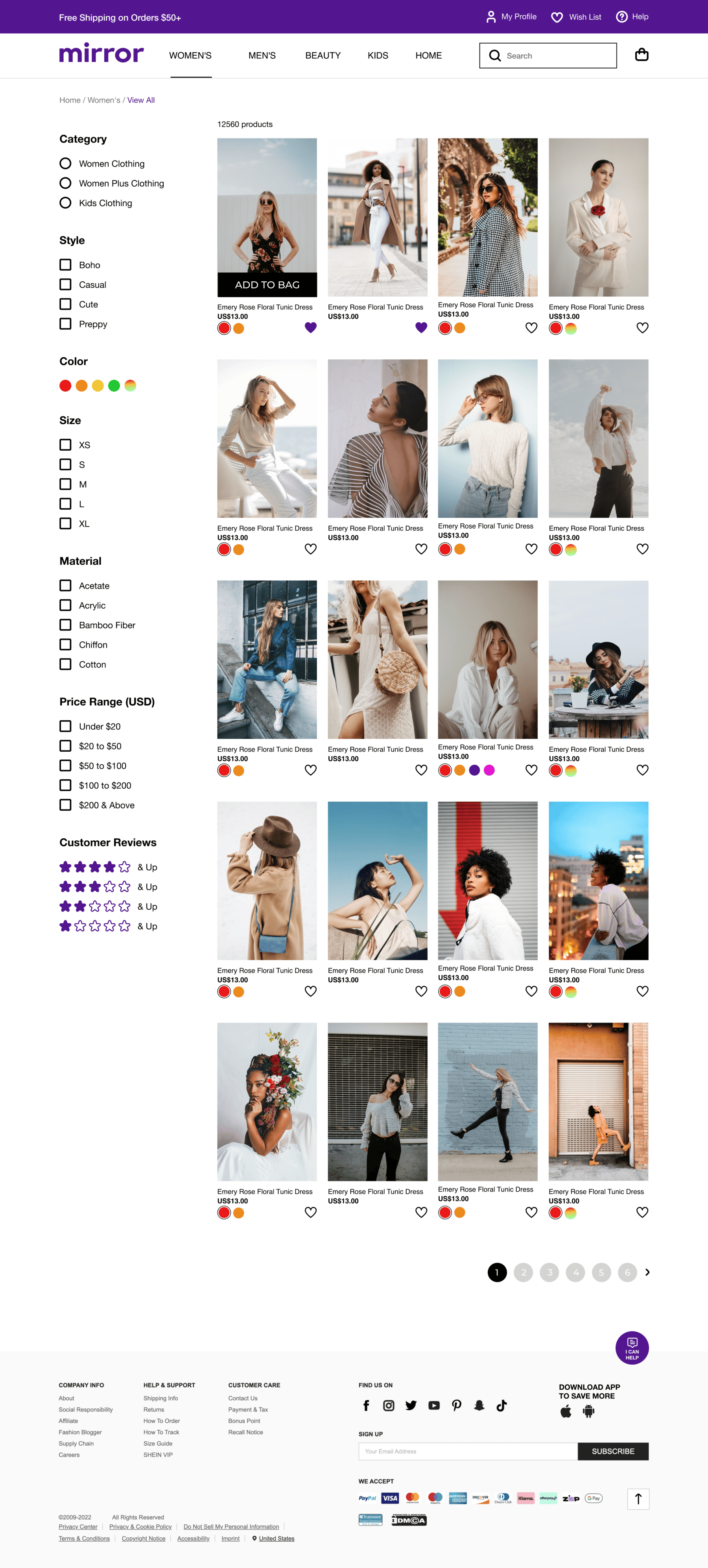 Mirror desktop product listing with filters