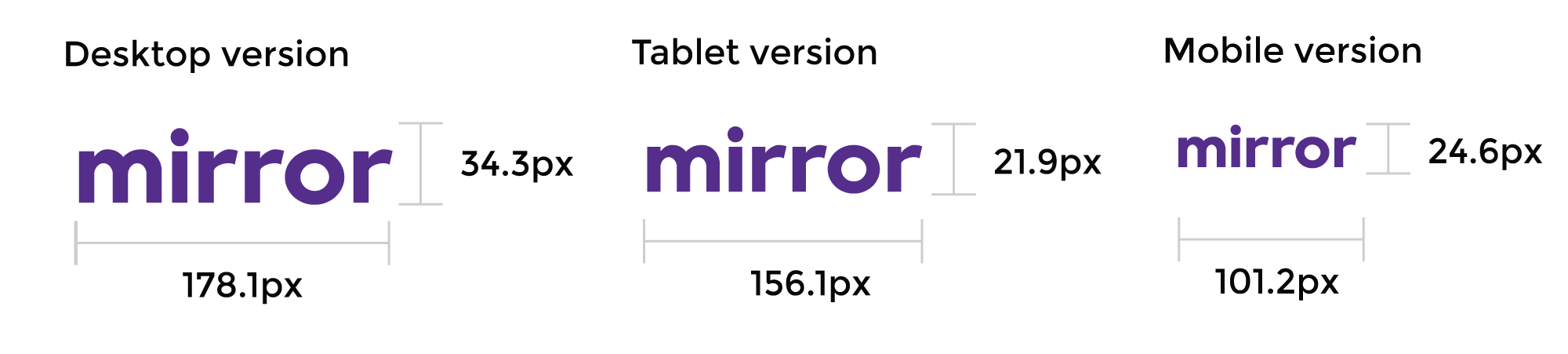 Mirror logo sizes across desktop, tablet, and mobile