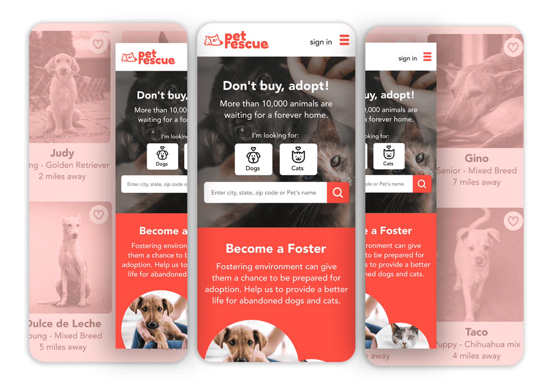 Pet Rescue app screens